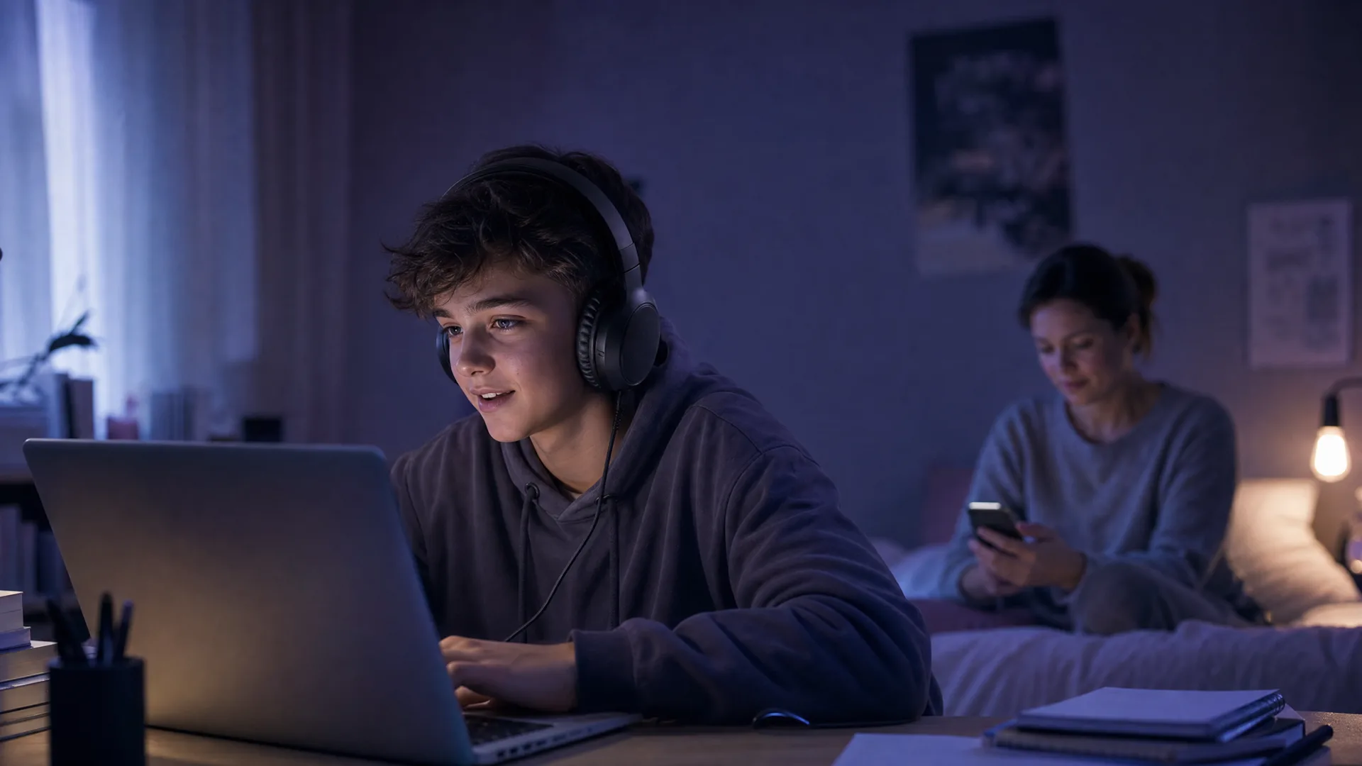 A teenager wearing a headset in a voice call on a laptop while a parent reviews Discord safety settings on a phone
