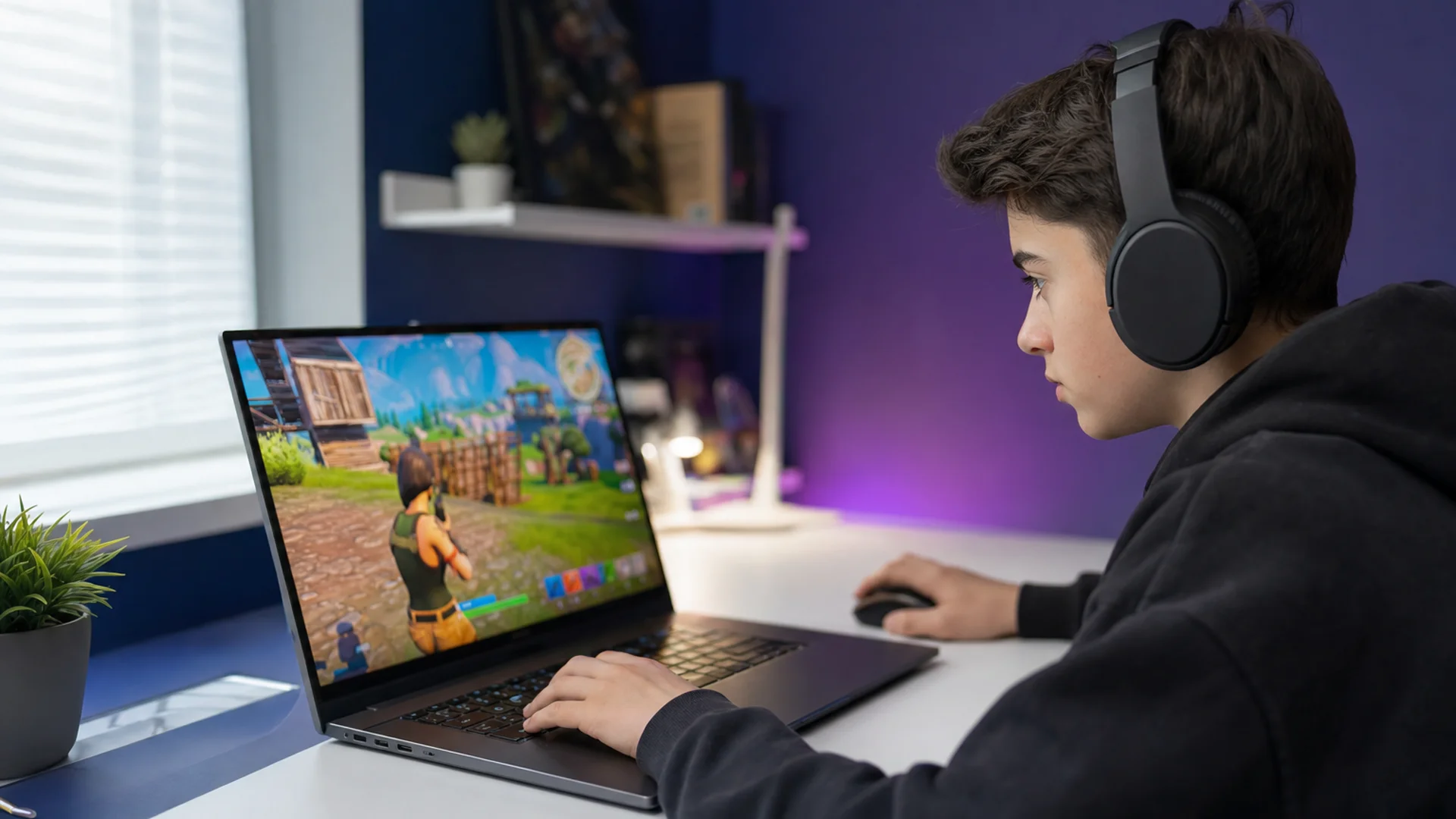 Parent and child looking at a TV during a Fortnite session, talking through voice chat settings