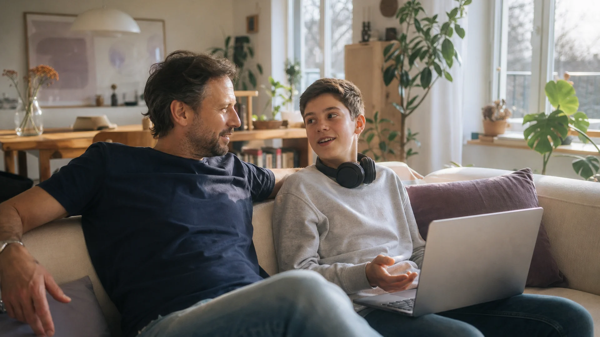 Parent and child talking calmly about online gaming together, no phone visible, warm light.