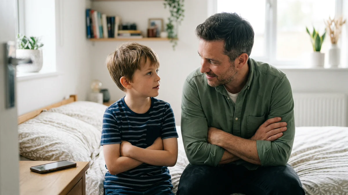 Parent and child having a calm conversation about online gaming friendships and boundaries