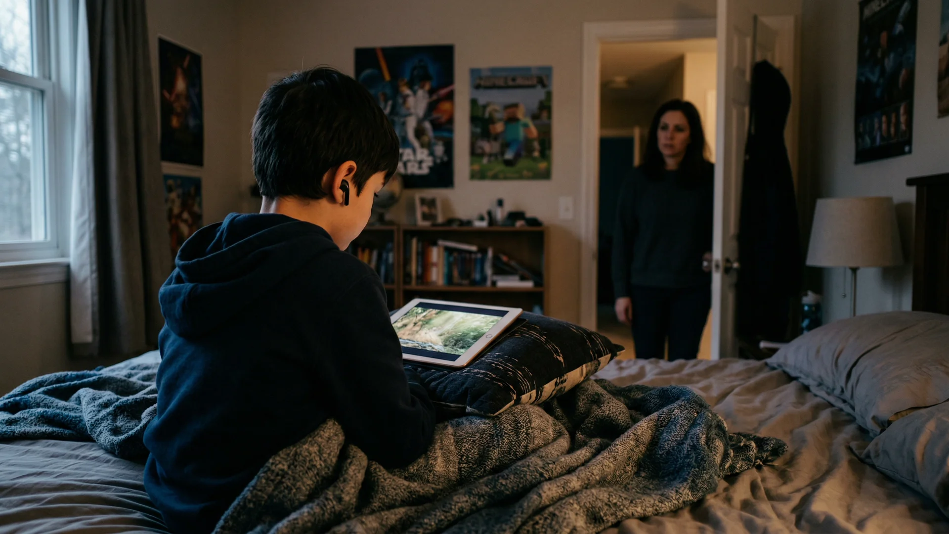 Concerned parent observing their child's behaviour after an online gaming session