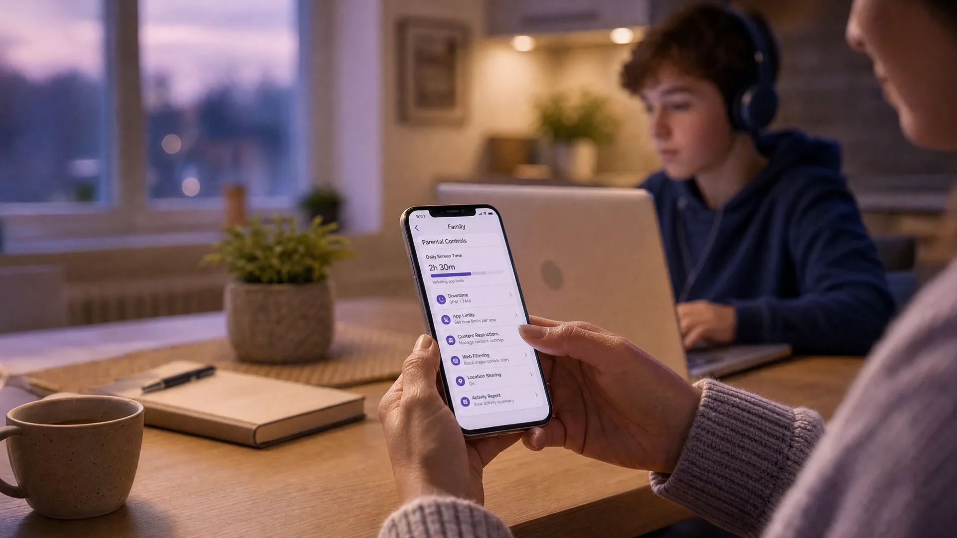 A parent on a laptop adjusting family and parental control settings while a teen waits with a headset nearby, calm indigo and lavender tones