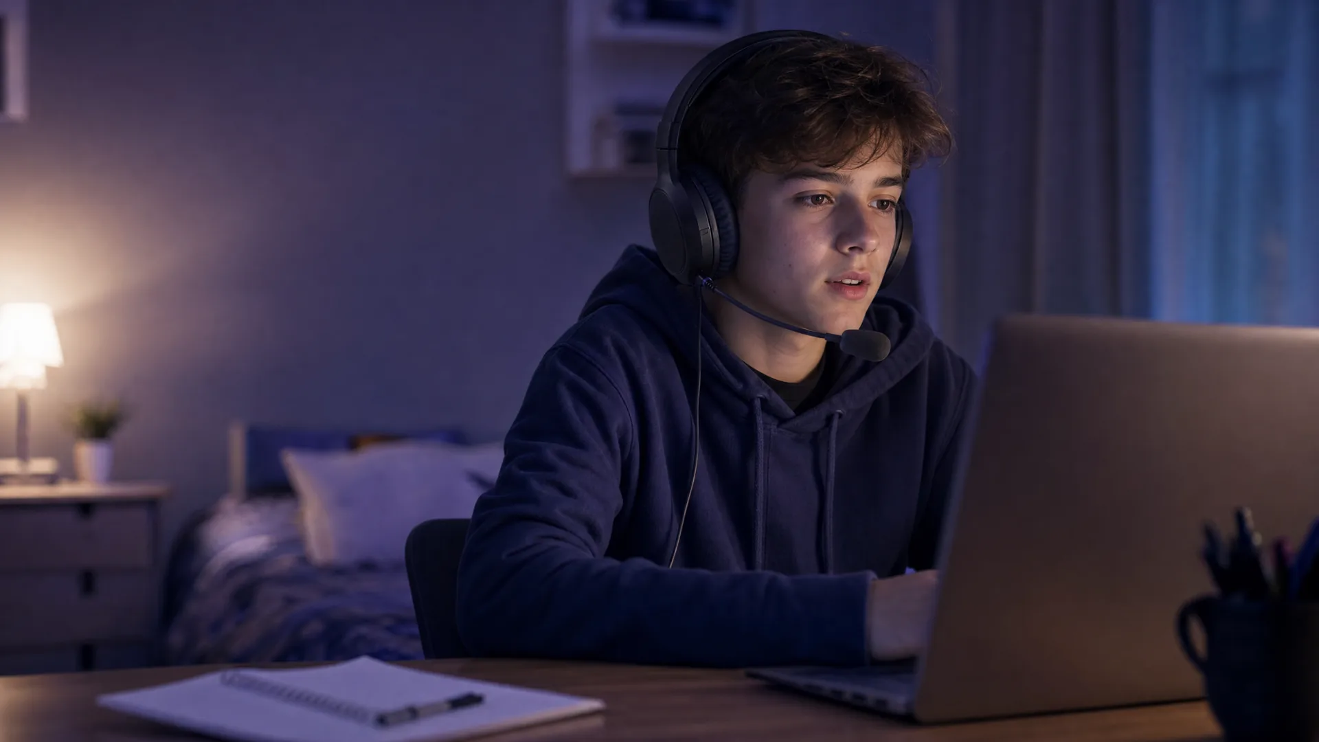 A teenager wearing a headset at a laptop in a dim bedroom at night, mid voice chat, lit by the screen, with a calm but serious mood