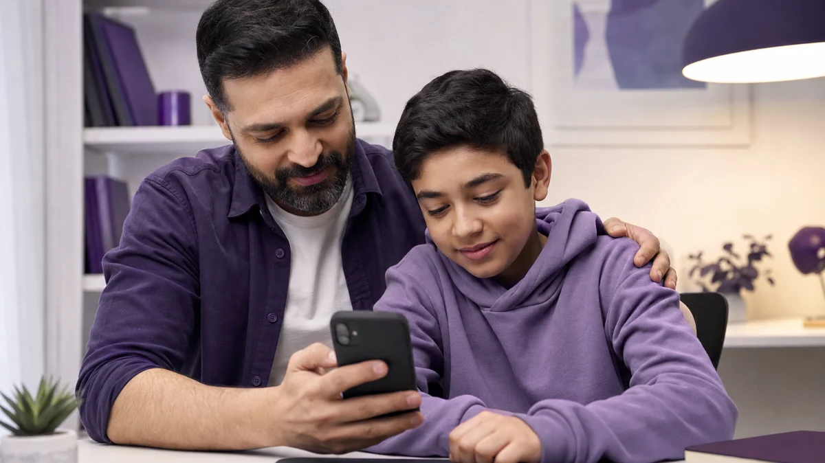 Parent and child discussing Discord safety rules and voice chat boundaries