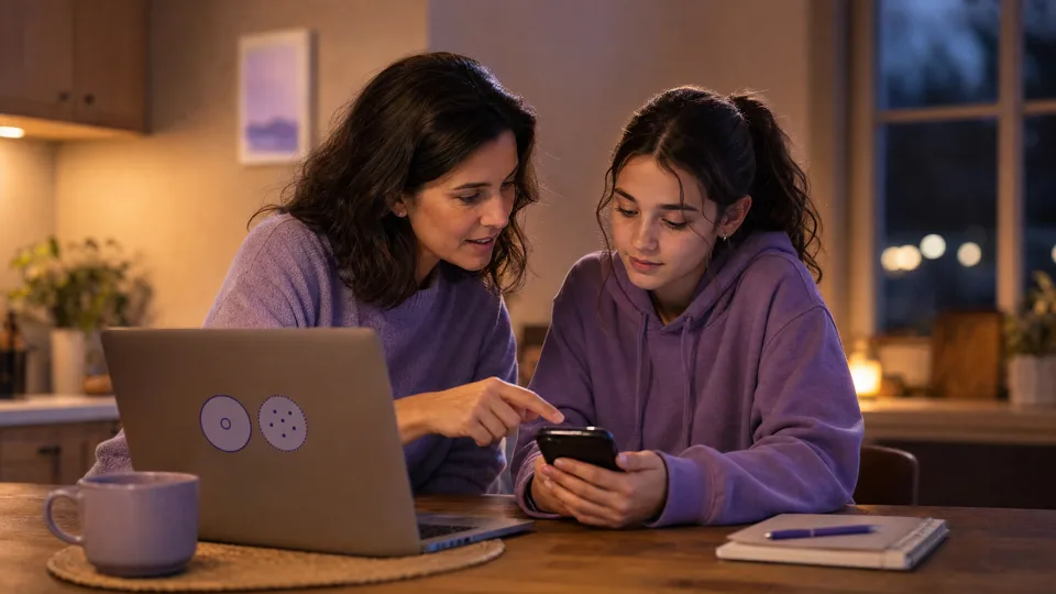 A parent and teenager sitting together at a kitchen table with a laptop and phone, calmly talking through Discord privacy settings in soft indigo and lavender light