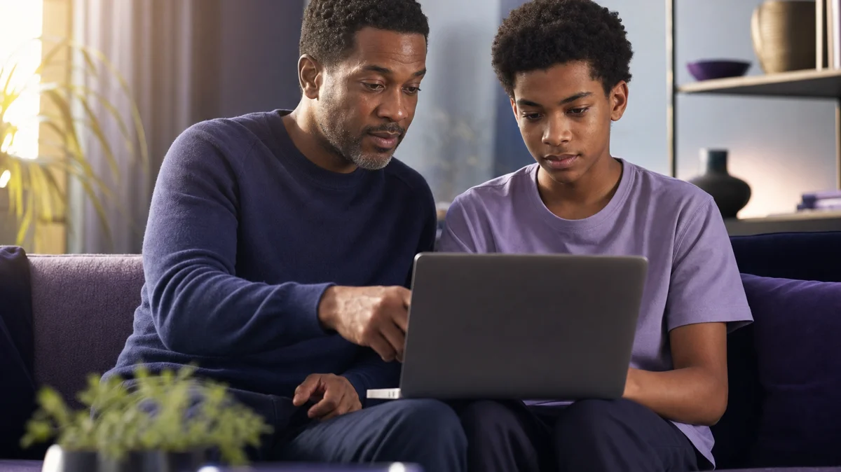 Parent and child setting up Fortnite parental controls and voice chat restrictions