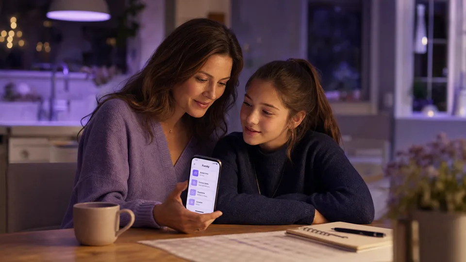 A parent reviewing console family settings on a phone app while talking with their teenager