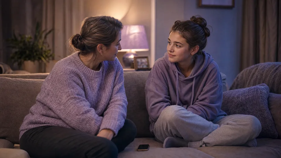 A teenager and a parent talking on a sofa with a phone between them, warm lavender lighting, calm and unhurried