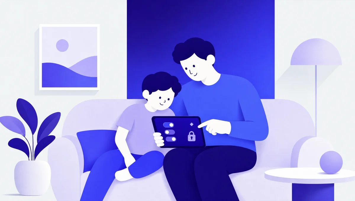 Illustration of a parent and child going through Roblox settings together on a tablet