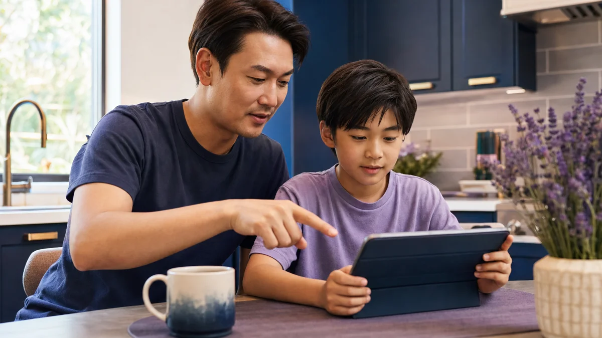 Parent helping child configure Minecraft multiplayer safety settings