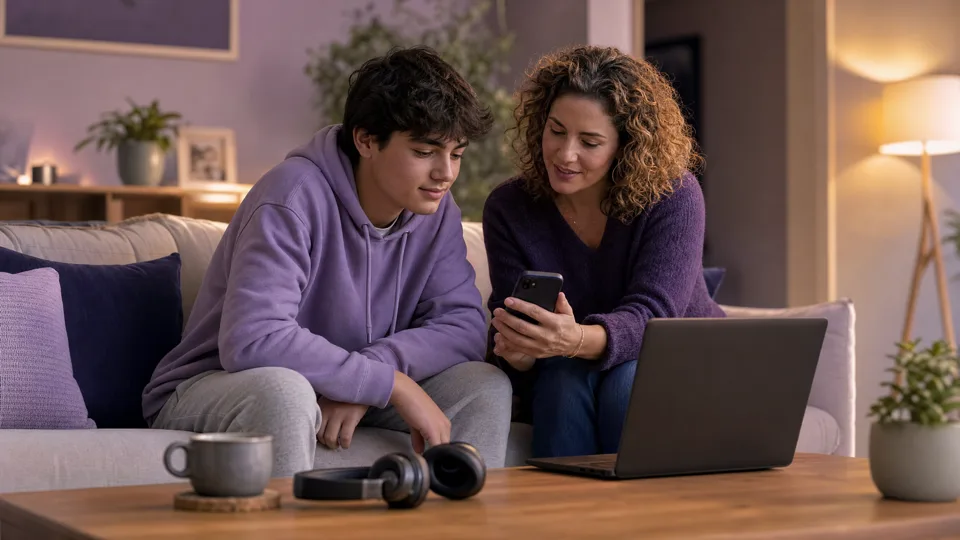 A parent and teen sitting together on a sofa reviewing family settings on a phone and laptop, headset on the table, indigo and lavender tones, calm