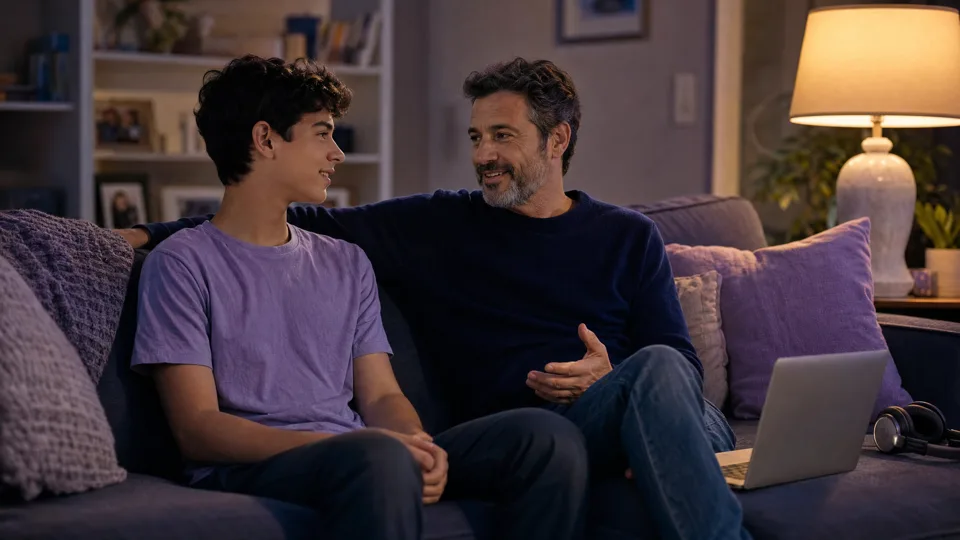 A parent and teenager sitting together at a laptop reviewing chat and screen time settings, one wearing a gaming headset, soft indigo and lavender lighting, calm and warm