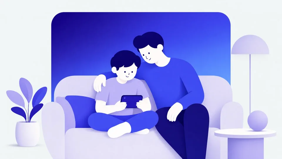 A parent and teenager sitting together on a couch looking at a phone, calm indigo and lavender lighting, no console or TV