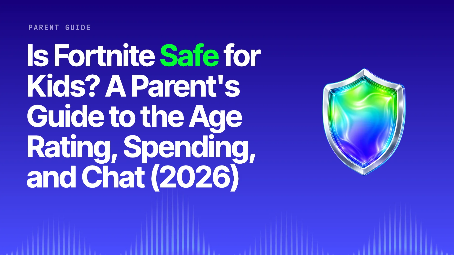 A parent and teen sitting together with a laptop and headset reviewing Fortnite account settings, calm indigo and lavender tones