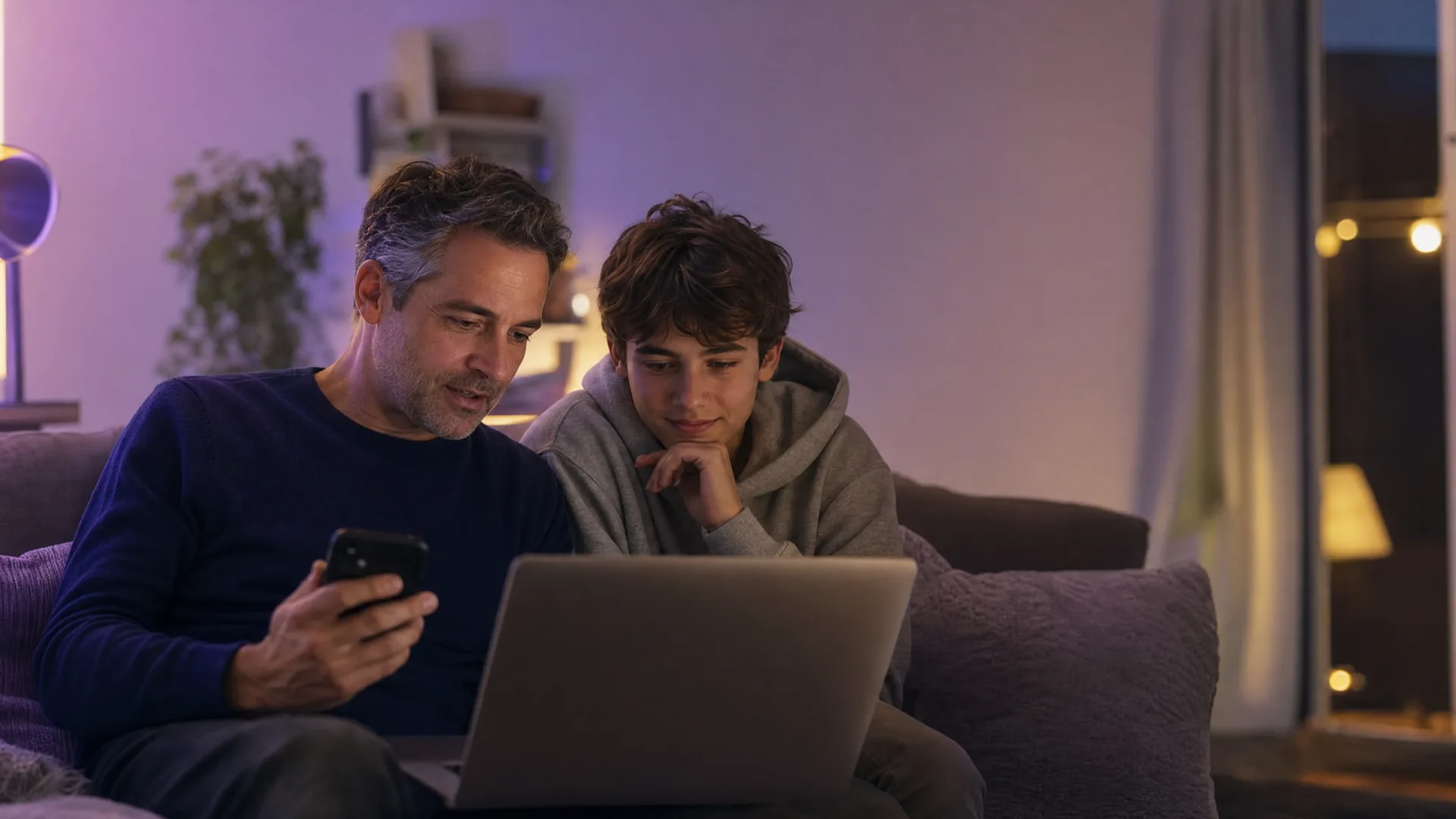 A parent and teenager sitting together with a laptop and phone, calmly reviewing a game's age rating, in soft indigo and lavender light
