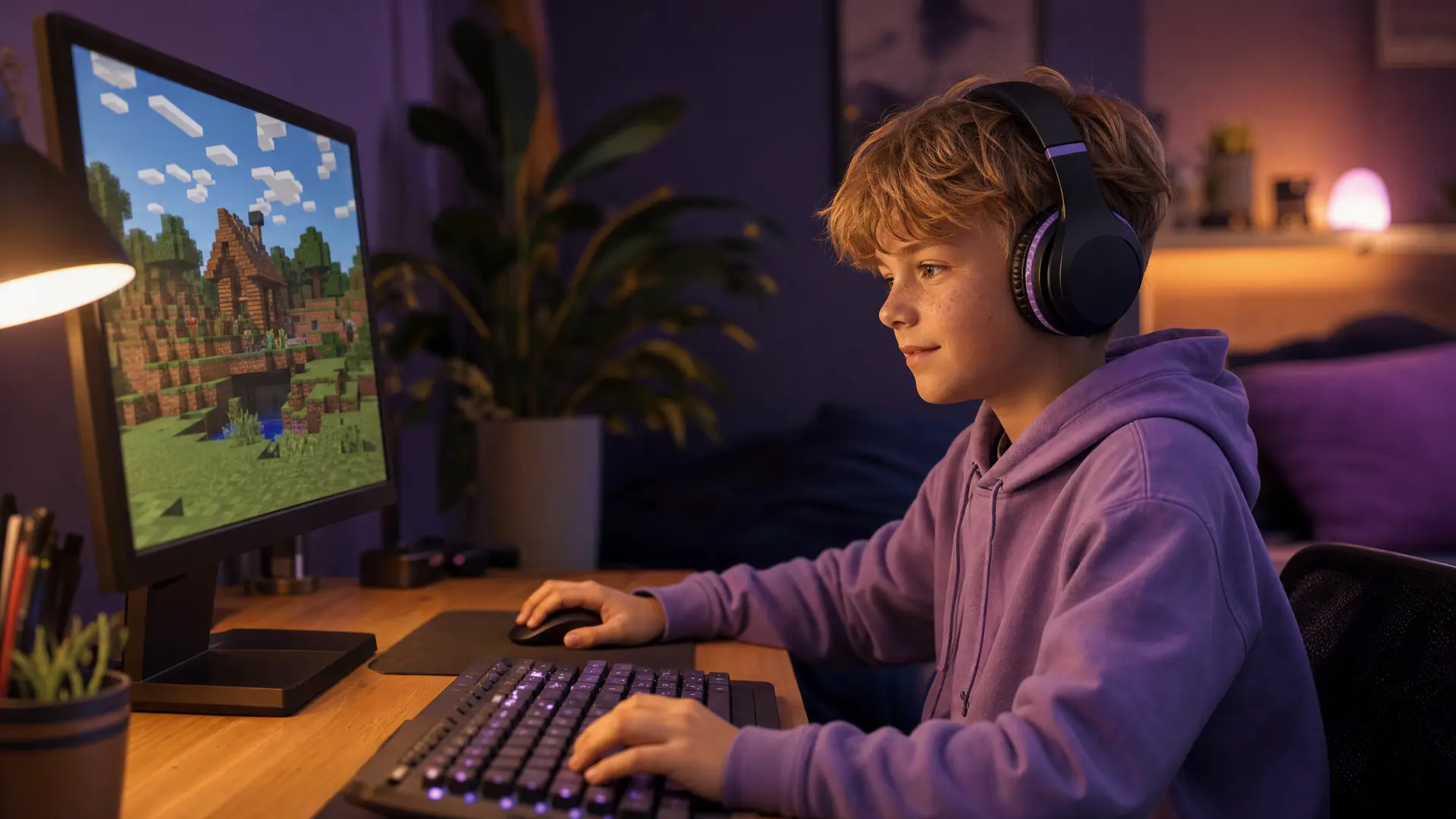 Child playing Minecraft while a parent reviews server and mod settings on a tablet