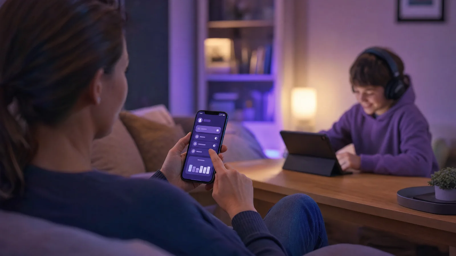 Parent setting up Nintendo Switch parental controls on a phone while their child games happily nearby
