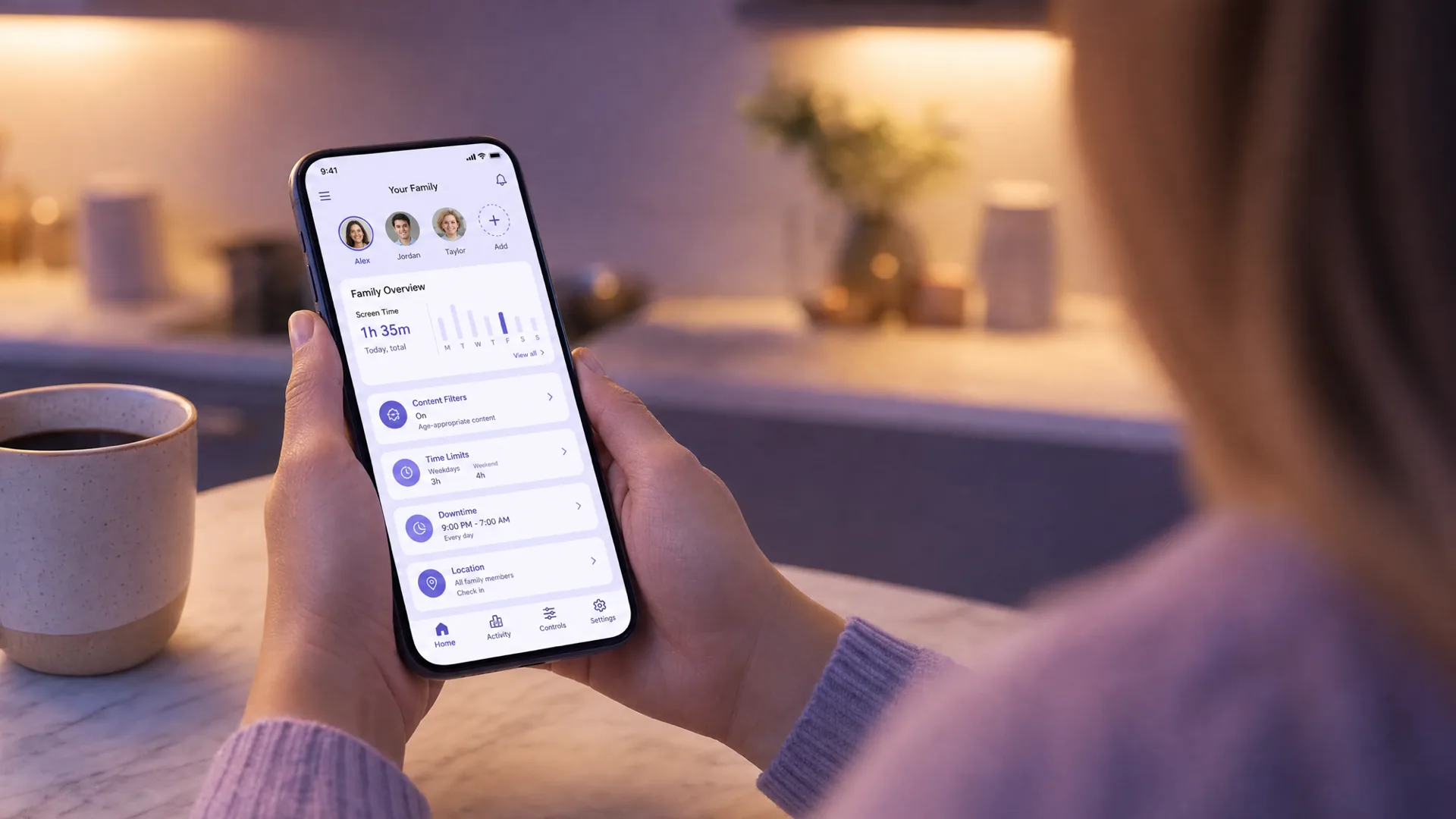 A parent using the PlayStation App on a phone to manage a child's family settings, indigo and lavender tones, calm