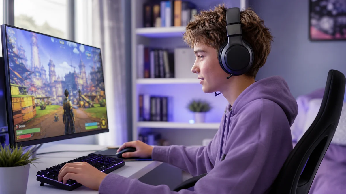 Child gaming on a Windows PC with headset, voice chat in progress, monitoring coverage gap.