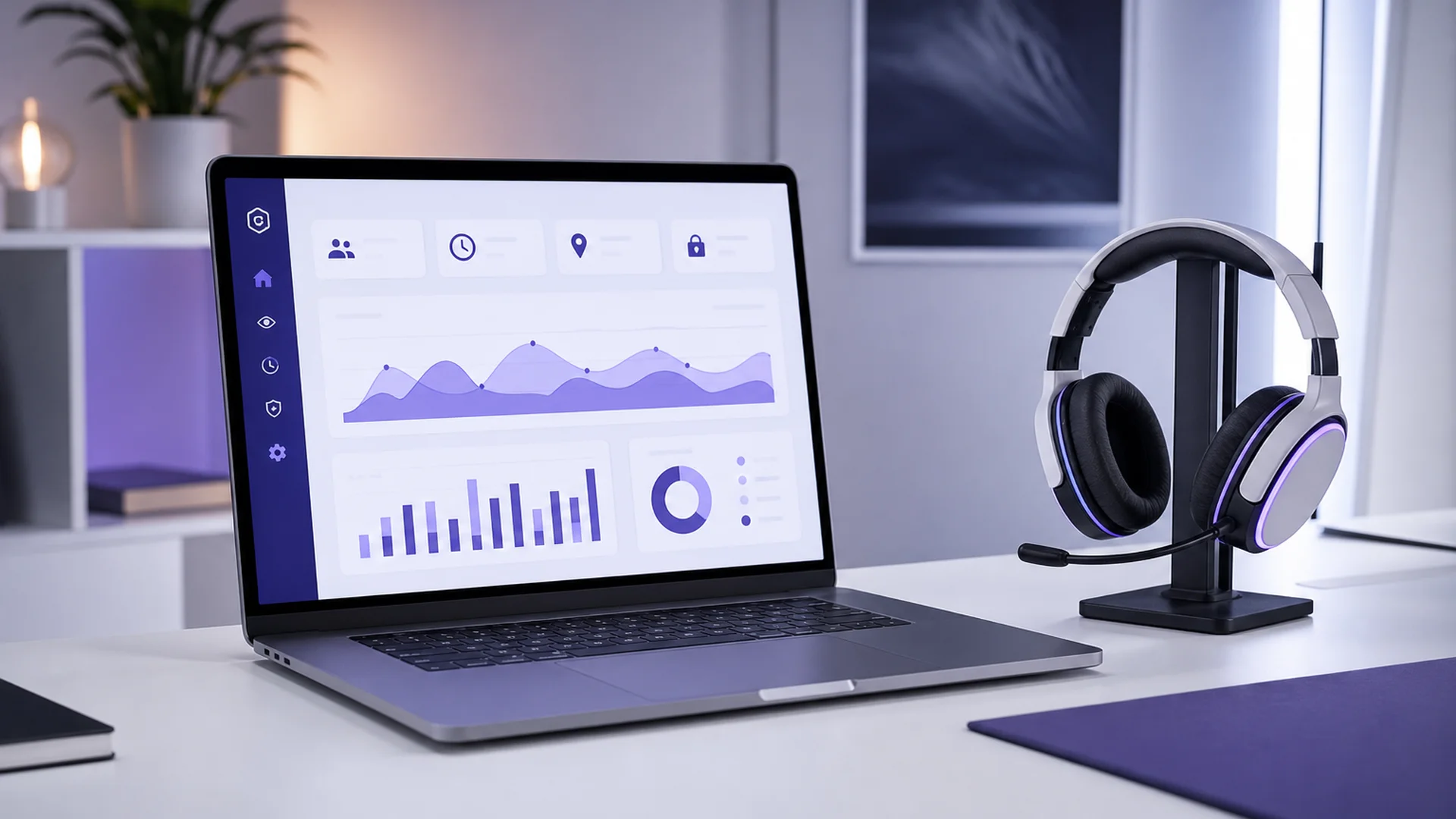 Qustodio dashboard on a laptop next to a gaming headset, illustrating the voice chat monitoring gap.