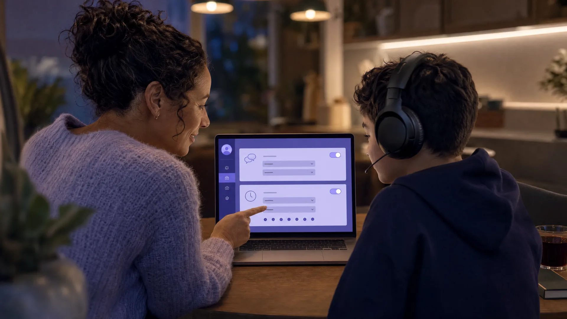 A parent on a laptop reviewing chat and playtime settings while a teen sits nearby wearing a headset, calm indigo and lavender tones