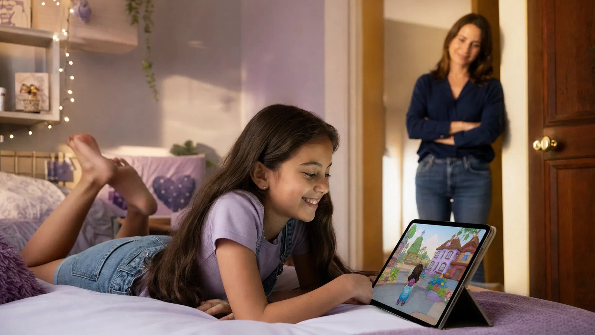 A child wearing a headset playing Roblox while a parent reviews voice chat settings