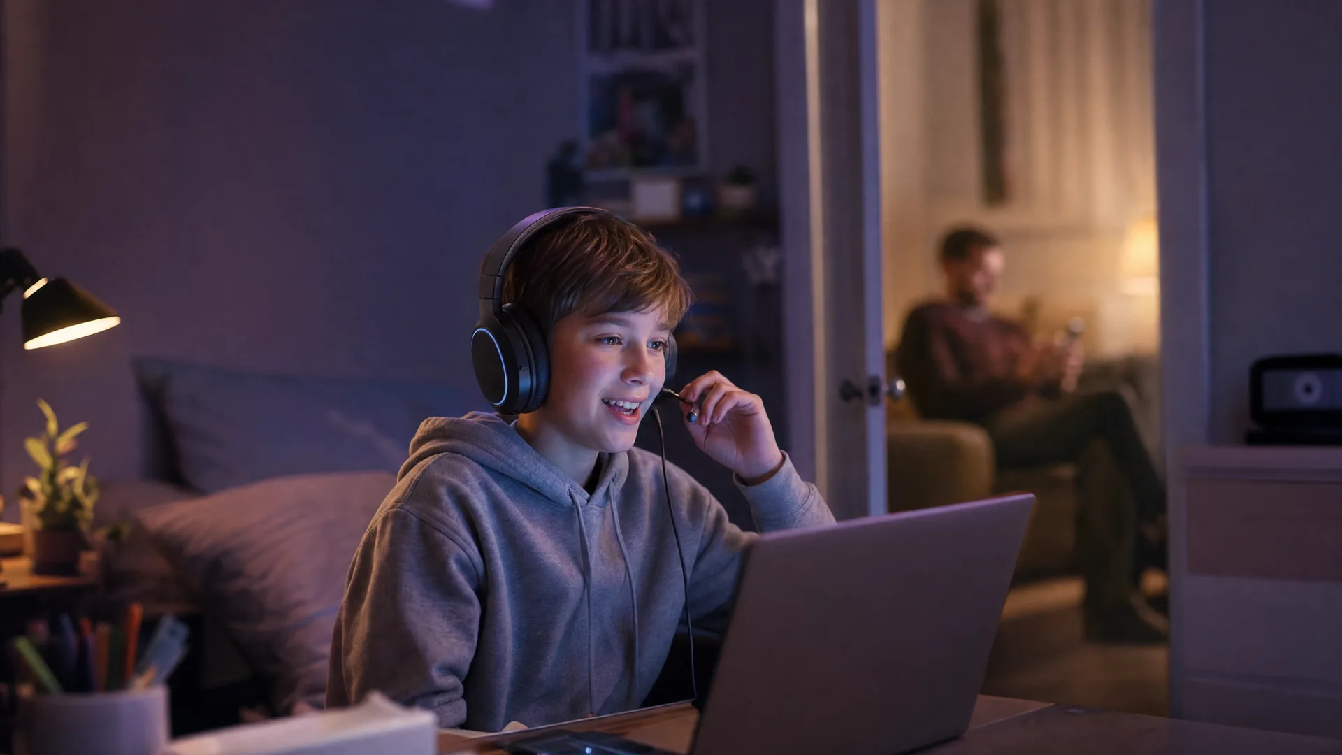 A child wearing a headset talks in a live voice chat at a laptop at night while a parent sits on the couch in the next room on their phone