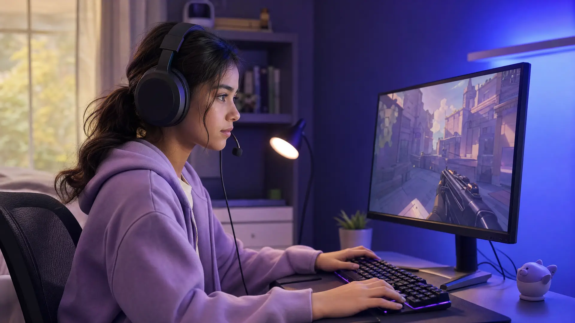 Teen at a gaming desk wearing a headset playing Valorant on PC, calm focused mood